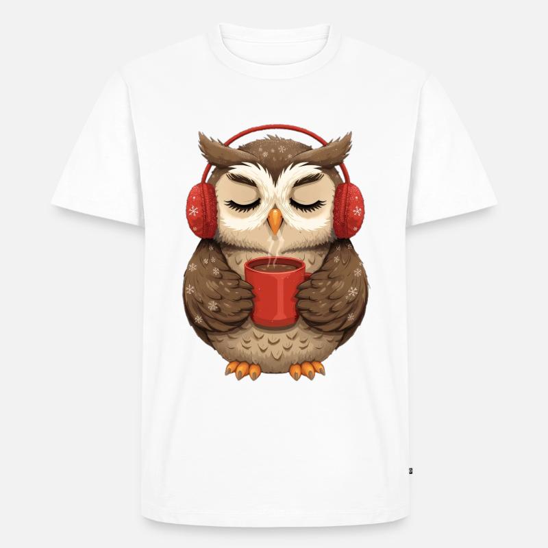 Kuscheleule mit Kopfhörern und Kaffee - Männer Premium Bio T-Shirt - Weiß