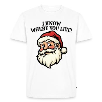 Je sais où tu habites - Père Noël - T-shirt Premium bio Homme - blanc - Devant - Nico (187cm)