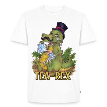 Drôle de jeu de mots Tea Rex Dino dessiné à la main - T-shirt Premium bio Homme - blanc - Devant - Nico (187cm)