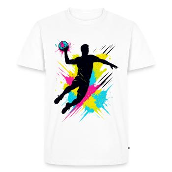 Splash de joueur de handball, tir en suspension coloré, action - T-shirt Premium bio Homme - blanc - Devant - Nico (187cm)