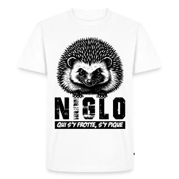 Hedgehog - NIGLO who rubs up against it gets stung, - Men's Premium Organic T-Shirt - white - Front - Nico (187cm)