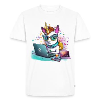 Licorne d’ordinateur portable avec lunettes et paillettes - T-shirt Premium bio Homme - blanc - Devant - Nico (187cm)