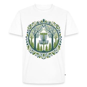 Disc Golf Basket in Woodland Scene Art - Men's Premium Organic T-Shirt - white - Front - Nico (187cm)
