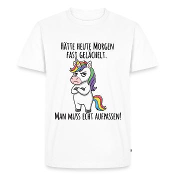 Almost Smiled – Grumpy Unicorn Morning Grouch - Men's Premium Organic T-Shirt - white - Front - Nico (187cm)