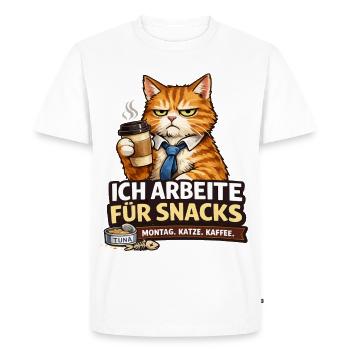 Je travaille pour Snacks – Office Cat - T-shirt Premium bio Homme - blanc - Devant - Nico (187cm)