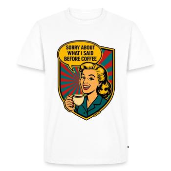 Avant le café – Rétro Meme - T-shirt Premium bio Homme - blanc - Devant - Nico (187cm)