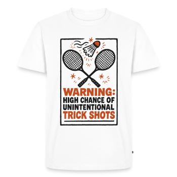 Tirs d’avertissement techniques | Humour du badminton - T-shirt Premium bio Homme - blanc - Devant - Nico (187cm)