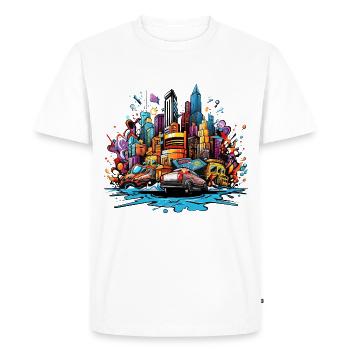 Silhouette urbaine colorée avec voitures - T-shirt Premium bio Homme - blanc - Devant - Nico (187cm)