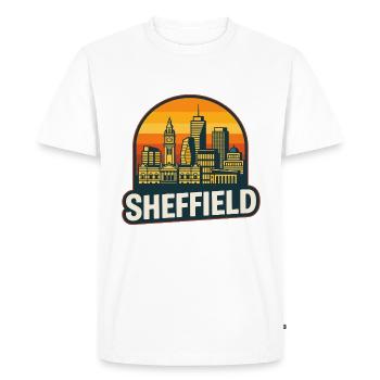 Style rétro de la skyline de Sheffield Steel City : Art rétro de coucher de soleil - T-shirt Premium bio Homme - blanc - Devant - Nico (187cm)