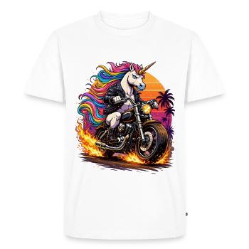 Moto licorne au coucher de soleil néon - T-shirt Premium bio Homme - blanc - Devant - Nico (187cm)