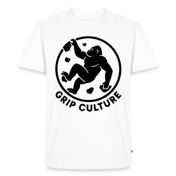 Grip Culture Gorilla: Minimalist Boulder Logo - Men's Premium Organic T-Shirt - white - Front - Nico (187cm)