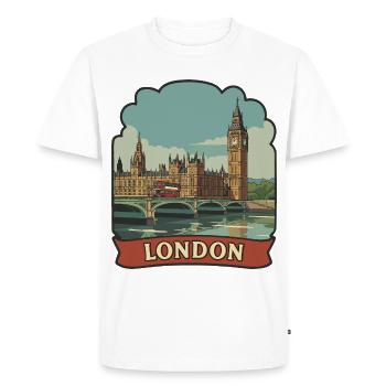 London Big Ben Red Bus Vintage Travel Badge - Men's Premium Organic T-Shirt - white - Front - Nico (187cm)