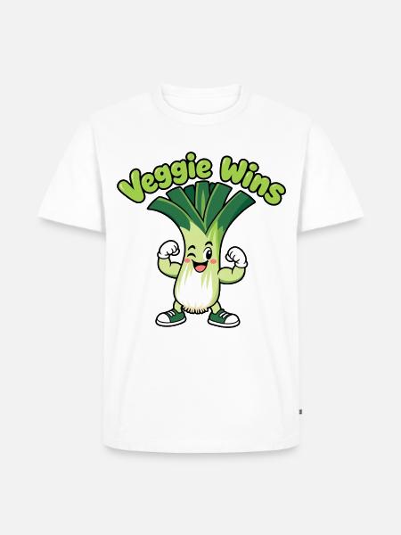 Veggie Wins: Lauchheld Cartoon - Männer Premium Bio T-Shirt - Weiß