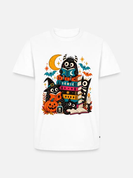 Halloween Büchermonster | Lesen & Gruselspaß - Männer Premium Bio T-Shirt - Weiß