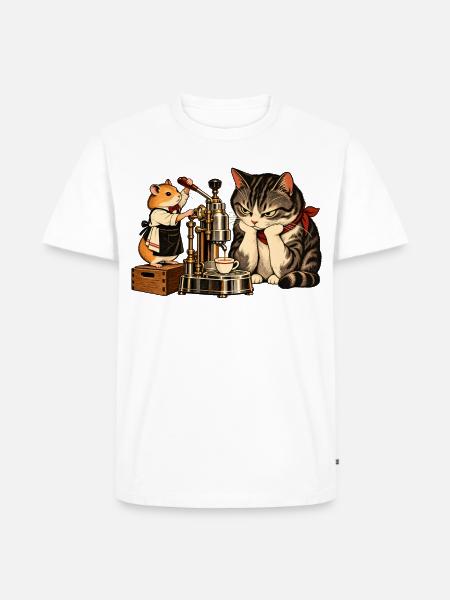 Hamster & Katze beim Espresso-Machen – Kaffee - Männer Premium Bio T-Shirt - Weiß