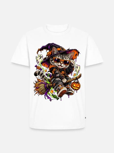 Halloween Hexenkatze auf Besen - Männer Premium Bio T-Shirt - Weiß