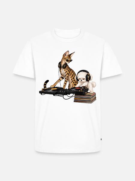 Malteser und Savannah-Katze als DJ-Duo - Männer Premium Bio T-Shirt - Weiß