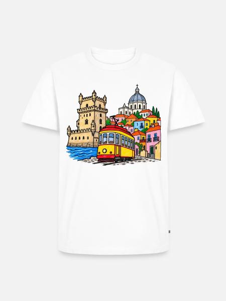 Lissabon Skyline mit bunter Straßenbahn - Männer Premium Bio T-Shirt - Weiß