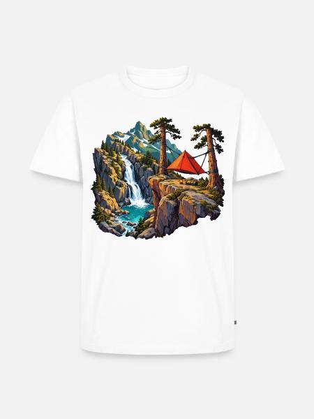 Felskessel-Camp mit Hängezelt und Wasserfall - Männer Premium Bio T-Shirt - Weiß