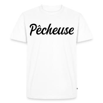 Pêcheuse Pêche Pêcheur Canne Eau Loisir Nature - T-shirt Premium bio Homme - blanc - Devant - Nico (187cm)