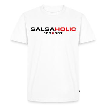 SALSAHOLIC 123-567 – Dance Shirt for Salsa Fans - Men's Premium Organic T-Shirt - white - Front - Nico (187cm)