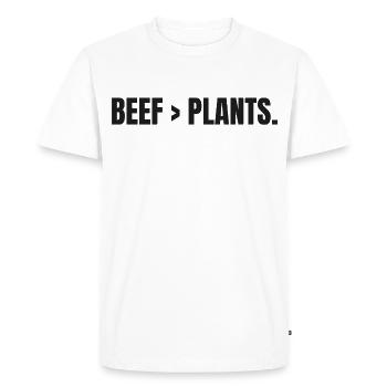 BŒUF > PLANTS | Steak carnivore au lieu de plantes - T-shirt Premium bio Homme - blanc - Devant - Nico (187cm)