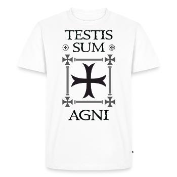 Crusader Cross + Testis Sum Agni - Men's Premium Organic T-Shirt - white - Front - Nico (187cm)