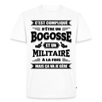 BOGOSSE ET MILITAIRE À LA FOIS - T-shirt Premium bio Homme - blanc - Devant - Nico (187cm)