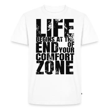 La vie commence à la fin de la zone de confort - T-shirt Premium bio Homme - blanc - Devant - Nico (187cm)