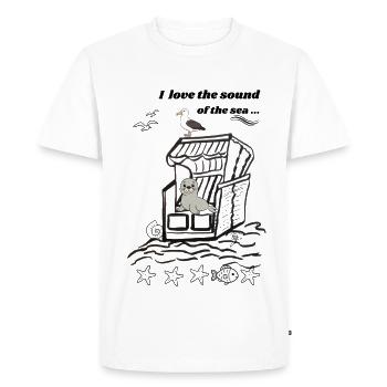 Chaise de plage au rez-de-chaussée Je suis en vacances Je s’étanche Je s’étanche Je fais un saut de mouette Je vais à la plage - T-shirt Premium bio Homme - blanc - Devant - Nico (187cm)