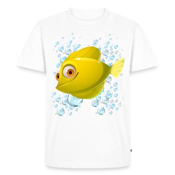 Poisson jaune nageant autour de beaucoup de bulles bleues - T-shirt Premium bio Homme - blanc - Devant - Nico (187cm)