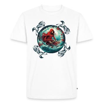 Le Petit Chaperon Rouge surfant sur planche de surf, loup sur vague - T-shirt Premium bio Homme - blanc - Devant - Nico (187cm)