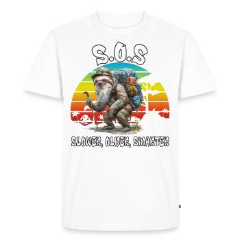S.O.S Slower Older Smarter. Hiking, Sloth, - Men's Premium Organic T-Shirt - white - Front - Nico (187cm)
