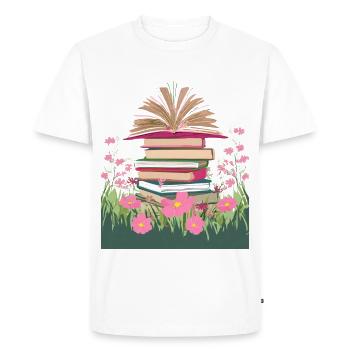 Une pile de livres dans une prairie fleurie - T-shirt Premium bio Homme - blanc - Devant - Nico (187cm)