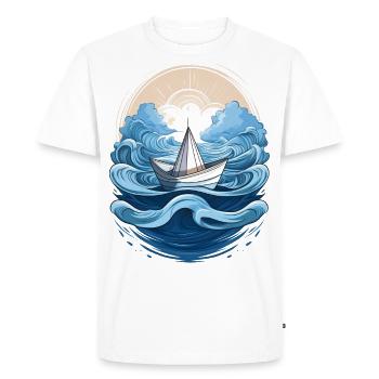 Un bateau en papier flotte dans la mer entouré de vagues - T-shirt Premium bio Homme - blanc - Devant - Nico (187cm)