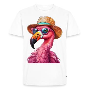 Flamant rose avec lunettes de soleil et chapeau de paille en été - T-shirt Premium bio Homme - blanc - Devant - Nico (187cm)