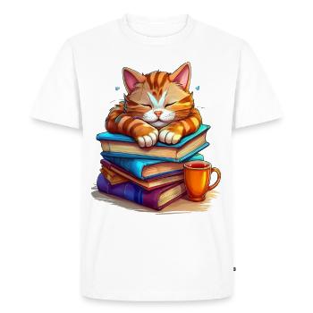 Chat mignon dormant sur une pile de livres - T-shirt Premium bio Homme - blanc - Devant - Nico (187cm)