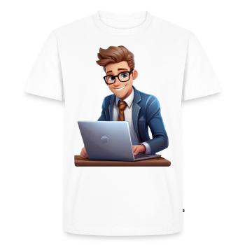 Employé de bureau travaillant sur un ordinateur portable - T-shirt Premium bio Homme - blanc - Devant - Nico (187cm)
