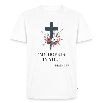 Cross with Psalm 39:7: My Hope in You - Men's Premium Organic T-Shirt - white - Front - Nico (187cm)