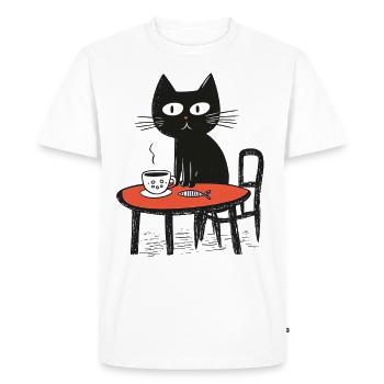 Naïve cat with coffee and fish at the table - Men's Premium Organic T-Shirt - white - Front - Nico (187cm)