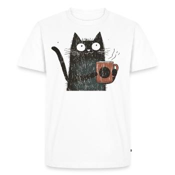Vintage: Cat with Coffee in Wooden Style - Men's Premium Organic T-Shirt - white - Front - Nico (187cm)