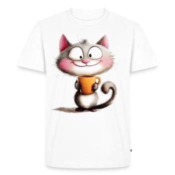 Cheerful Cat with Coffee - Cartoon Style - Men's Premium Organic T-Shirt - white - Front - Nico (187cm)