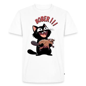 Hyper cat calls "Bober!!" – Animal freak out - Men's Premium Organic T-Shirt - white - Front - Nico (187cm)