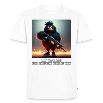 Angry black bird with an assault rifle - Men's Premium Organic T-Shirt - white - Front - Nico (187cm)