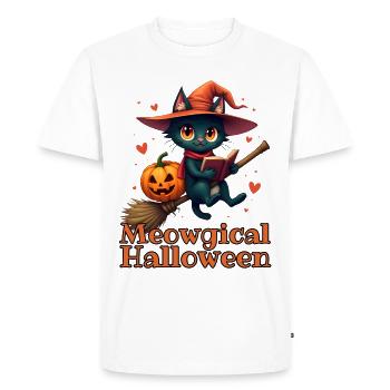 Cute Cat on Broom Halloween Unisex Kids T-shirt - Men's Premium Organic T-Shirt - white - Front - Nico (187cm)