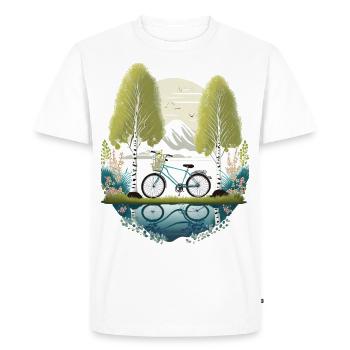 Bicycle by the lake with birch trees and mountains - Men's Premium Organic T-Shirt - white - Front - Nico (187cm)
