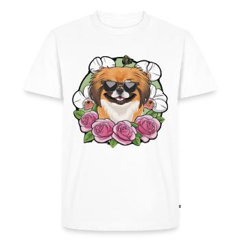 Dessin animé pékinois avec des orchidées et des roses - T-shirt Premium bio Homme - blanc - Devant - Nico (187cm)