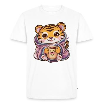 Kawaii Tiger with Cup and Blanket - Men's Premium Organic T-Shirt - white - Front - Nico (187cm)