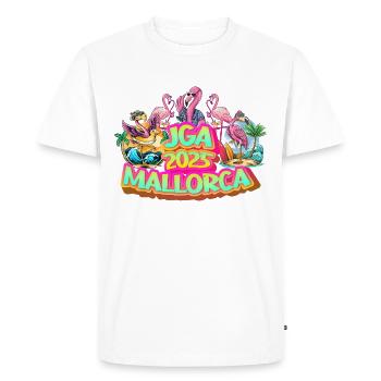Enterrement de vie de garçon 2025 Majorque Malle Party Célébrer la bière Flamingo - T-shirt Premium bio Homme - blanc - Devant - Nico (187cm)