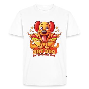 hot-dog, chien, saucisse, fast-food, jeux de mots, drôle, humour - T-shirt Premium bio Homme - blanc - Devant - Nico (187cm)